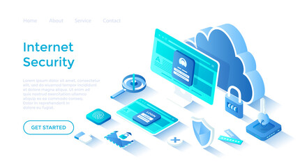 Internet security. Data protection concept. Safety and confidential data protection. Safe internet technologies. Landing page template for web on white background.