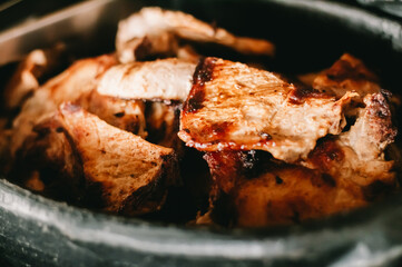 Fried pork chops served with feijoada in restaurant brazilian