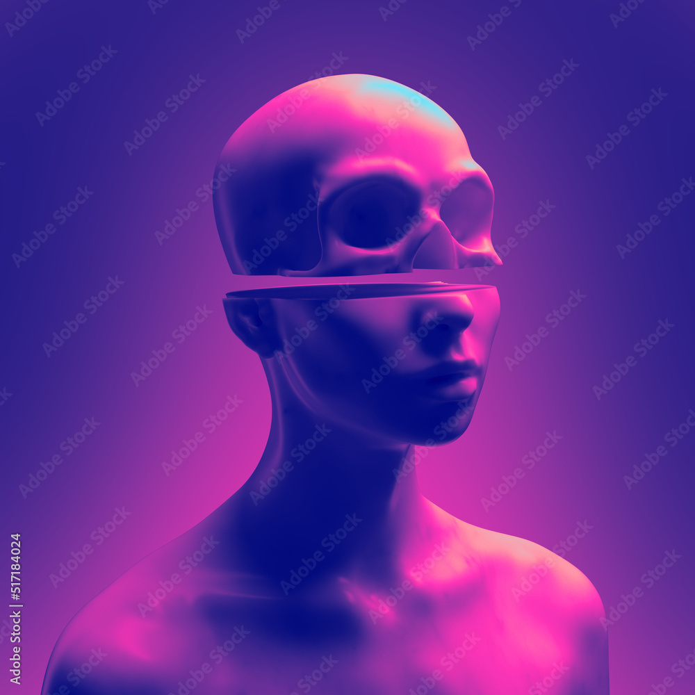 Poster abstract concept sculpture illustration from 3d rendering of white marble female figure sliced cut h