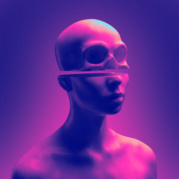 Abstract concept sculpture illustration from 3D rendering of white marble female figure sliced cut head with skull upper part and isolated on background in vaporwave colorful palette.