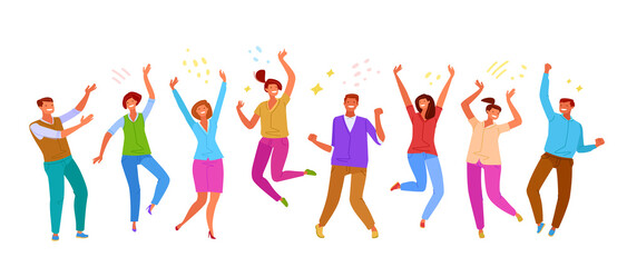 Happy people rejoice with raised hands. Smiling positive men and women at a party. Happiness, fun or joy concept. Flat cartoon colorful vector illustration