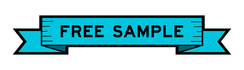 Ribbon label banner with word free sample in blue color on white background