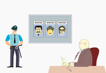 Detective shawing police officer portraits of wanted criminals