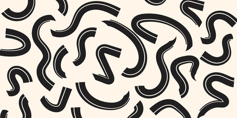 Trendy abstract horizontal background with space for text. Random black strokes with calligraphic brush on beige background. Stylish banner template for advertising, posters, presentations, social