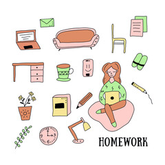 Homework collection. Vector isolated cartoon objects. Colored flat illustration.