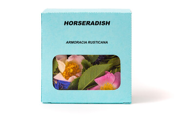 Horseradish Medicinal herbs in a cardboard box. Herbal tea in a gift box