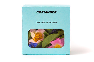 Coriander Medicinal herbs in a cardboard box. Herbal tea in a gift box