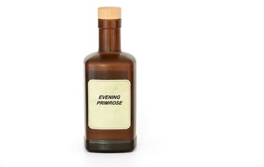 Herbal tincture in a antique retro bottle. Herbs medical solution of Evening Primrose