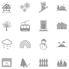 Winter Town Icons. Gray Flat Design. Vector Illustration.