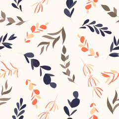 Botanical seamless pattern with leaves and flowers on white background. Leaves and flowers wallpapers. Florals background