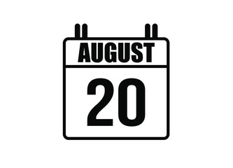 20 August calendar. Simple calendar page for the month of August. Black vector on white background.
