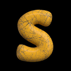 Scratched metal letter S - Uppercase 3d damaged yellow font - suitable for Industry, Sci-fi or Mechanics related subjects