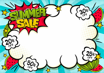 Bright comic speech bubble for summer sale or seasonal discounts. Cloud text frame on a ray background. Template for web design, flyers, banners, coupons, applications and posters. Vector illustration