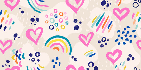 Abstract seamless background with hearts and hand drawn details.Modern background for the design of textiles, covers, wallpapers, fabric, promotional material and more. Vector illustration.