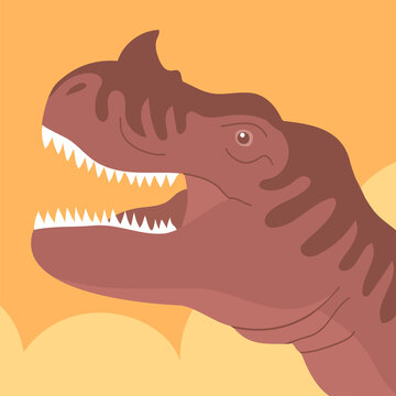 Predatory dinosaur ceratosaurus of the Jurassic period. Monster head with teeth. Carnivorous lizard. Prehistoric strong hunter. Wild landscape. Cartoon vector illustration