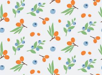 Seamless pattern with sea buckthorn and blueberry. Texture with berries in flat style.