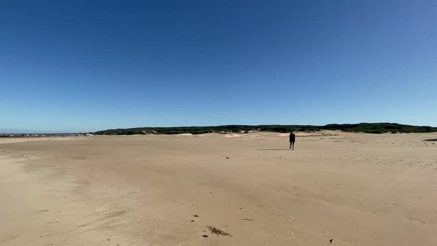 Woman walking on empty beach expanse. Beach, isolation, adventure concepts.