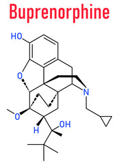 Fototapeta premium Skeletal formula of Buprenorphine opioid addiction and pain killer drug molecule.