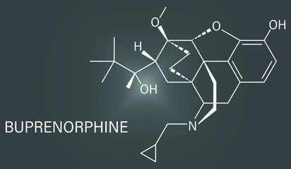 Skeletal formula of Buprenorphine opioid addiction and pain killer drug molecule.