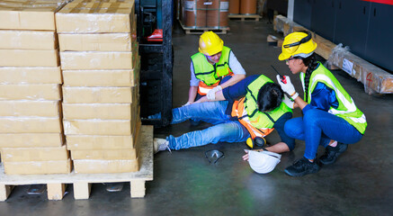 First Aid and safety first. Engineering talking on walki talki radio to employee while his...