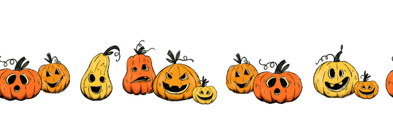 Cute hand drawn Halloween seamless pattern with pumpkins, great for textiles, surfaces, banners, wallpapers