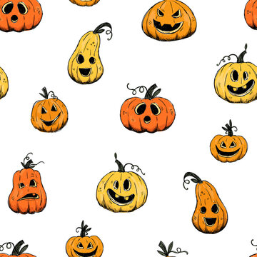 Cute hand drawn Halloween seamless pattern with pumpkins, great for textiles, surfaces, banners, wallpapers