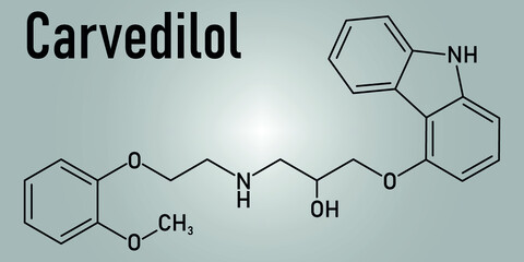 Skeletal formula of Carvedilol congestive heart failure drug molecule.