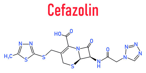 Skeletal formula of Cefazolin antibiotic drug molecule. First-generation cephalosporin antibiotic used for the treatment of a number of bacterial infections.