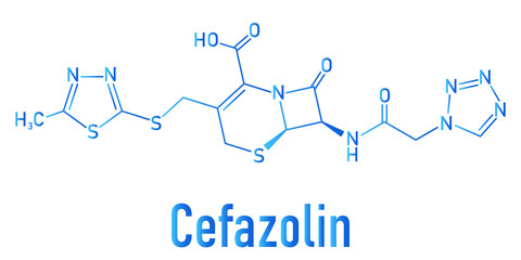 Skeletal formula of Cefazolin antibiotic drug molecule. First-generation cephalosporin antibiotic used for the treatment of a number of bacterial infections.