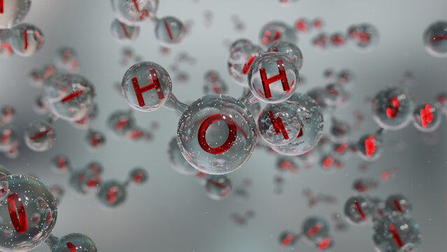 Water molecules, Molecular chemical formula H2O,  odorless, Ball and Stick chemical structure model, Macro Liquid Bubbles, particles inside droplet, 3d render