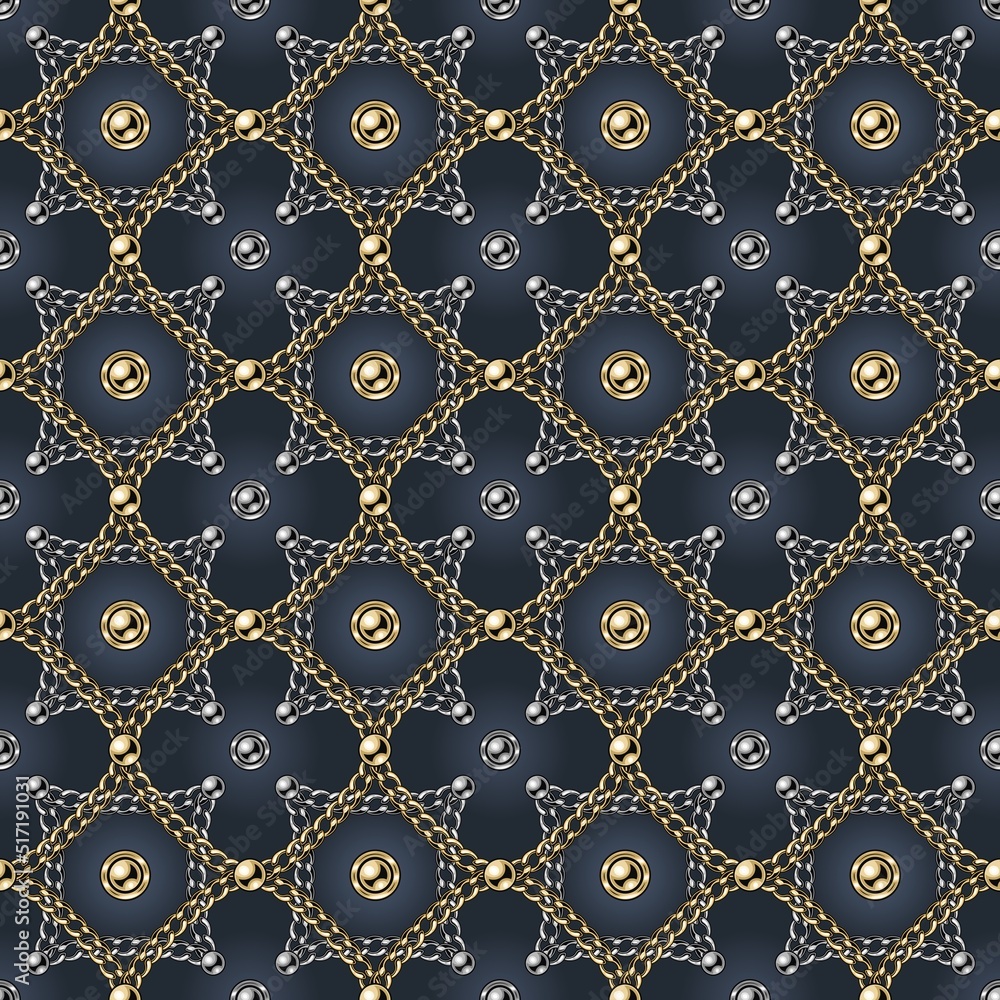Poster seamless geometric chain pattern with metallic beads, intricate overlapping squares, rhombuses on a 