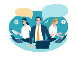 Helpdesk, call center. Customer service, hotline operators with headsets. Online technical support 24 h, Vector illustration.
