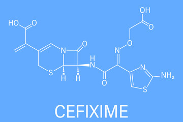 Skeletal formula of Cefixime antibiotic drug molecule.