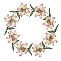 Wreath  with flowers lily painting in watercolor.  Illustration for decor.
