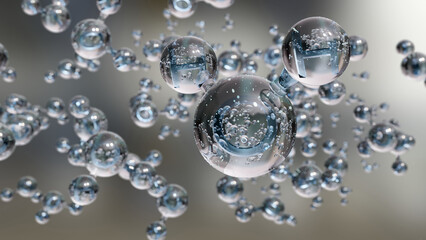 Water molecules, Molecular chemical formula H2O,  odorless, Ball and Stick chemical structure model, Macro Liquid Bubbles, particles inside droplet, 3d render