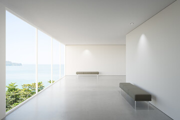 Luxury interior design 3D rendering of modern sea view showroom or beach house. Empty gray floor living room with white concrete wall background.
