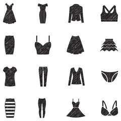 Clothing and Dress Icons. Black Scribble Design. Vector Illustration.