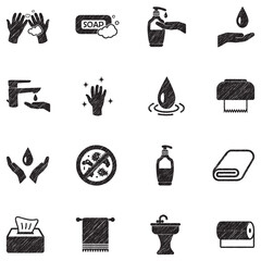 Hand Washing Icons. Black Scribble Design. Vector Illustration.