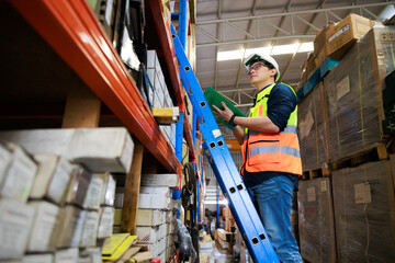 Portrait handsome Asian male warehouse professional worker in safety vest and hardhat helmet in...