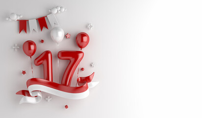 Indonesia independence day decoration background with 17 balloon number ribbon waving flag, copy space text, 3D rendering illustration