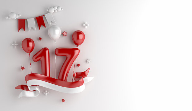 Indonesia independence day decoration background with 17 balloon number ribbon waving flag, copy space text, 3D rendering illustration