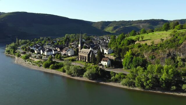 Aerial View at Beautiful River Bow Curve near the Boppard at Rhine River, middle Rhine Valley, Germany, Rhineland Pfalz