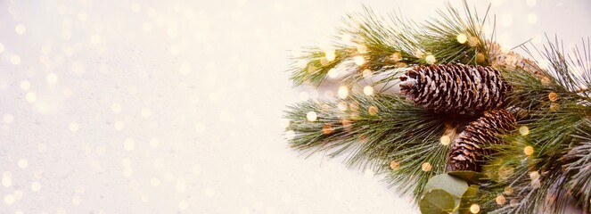 Weihnachten und Winter Hintergrund mit grünen Zweigen und Zapfen mit Bokeh Lichtern - Weihnachtskarte