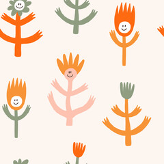 Colorful small scale sand-drawn floral character with face seamless pattern. Trippy art. Vector Retro 70s Fashion Textile Bold Background. Seventies Style, Groovy Floral Background. Hippie Aesthetic.