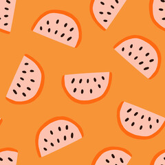 Colorful Small Scale Hand-Drawn watermelon Vector Seamless Pattern. Retro 70s Style Nostalgic Fashion Textile Bold Background. Seventies Style, Groovy Floral Background, Wallpaper
