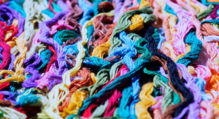 multi-colored threads for embroidery, floss, Mixed colorful texture of interlaced threads