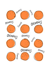 Set of oranges minimal abstract ink doodle style illustration