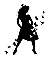 Monochrome silhouette of a girl in a dress with butterflies. Vector illustration