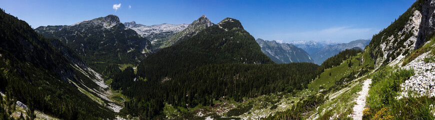 Fototapeta na wymiar Wide Panorama From mount Krn to Lake of Duplje in Triglav National Park Slovenia from hiking Trail to Velika Baba