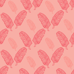 Seamless pattern with bright pink leaves on light pink background. Vector image.